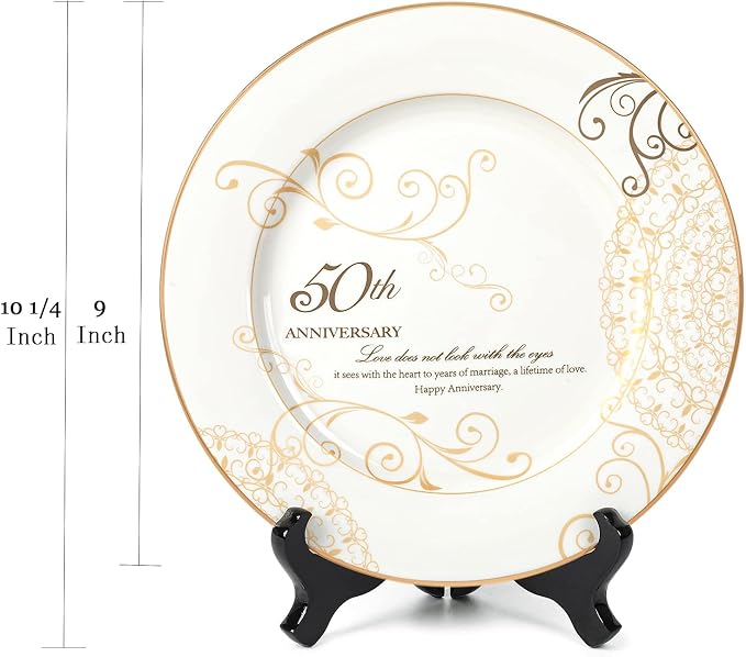Urllinz 50th Anniversary Wedding Gifts for Couples Parents Grandparents- Golden Wedding Anniversary Keepsake Gift, 50 Year Marriage Plate with Stand, Ceramic with 24k Gold Foil, 9 inch