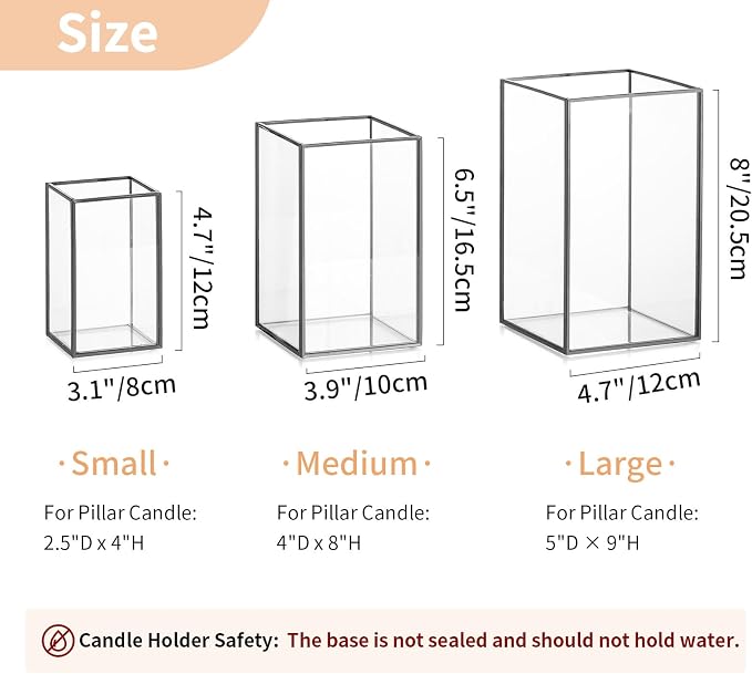 NUPTIO Glass Hurricane Candle Holder: 3 Pcs Black Lanterns Geometric Pillar Candles Holder Decorative Lantern Centerpiece for Outdoor & Indoor Halloween Holiday Fireplace Decor 8.1 & 6.5 & 4.7 inch