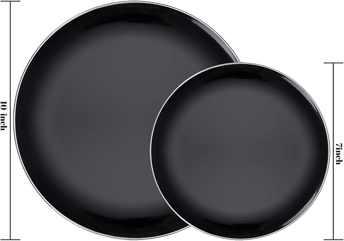 bUCLA 100PCS Black Plastic Plates - Heavy Duty Black Disposable with Silver Rim Include 50 Each (10 inch Dinner & 7 inch Dessert) Plates, Ideal for Party & Graduation