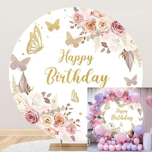 Leyiyi 5x5ft Boho Happy Birthday Butterfly Party Round Backdrop Cover 3D Flower White and Pink Rose Gold Glitter Photo Background Girls Butterfly Birthday Party Decorations Sweet Cake Table Banner