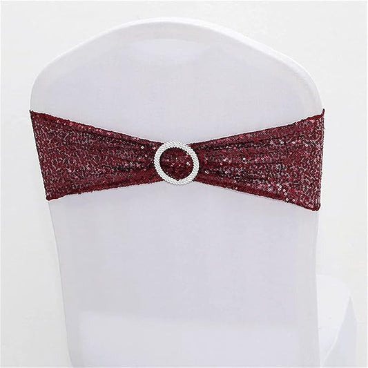Sequin Chair Sashes Spandex, Pack of 50 Sequin Stretch with Buckle Chair Bands for Wedding Banquet Birthday Graduation Party Anniversary Prom Celebration Chair Decorations (Burgundy, 50pcs)