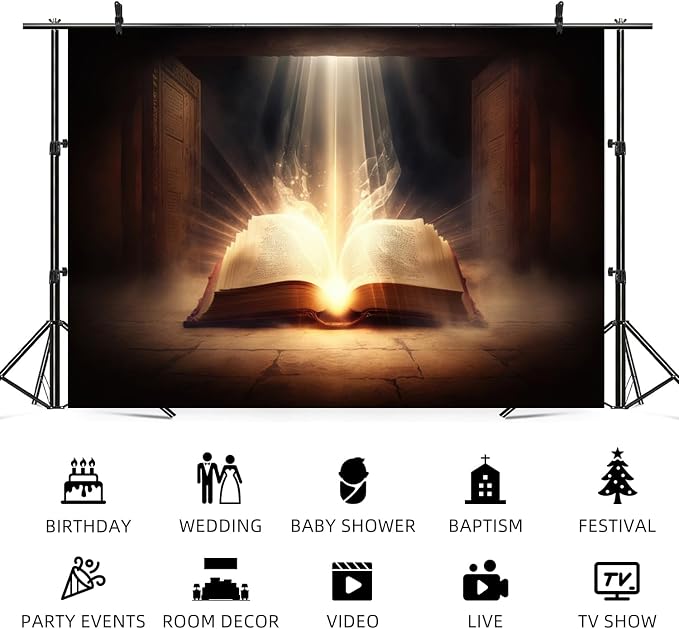 12x10ft Bible Backdrop Holy Glowing Opened Book Photography Background Jesus Christ Christian Religious Belief Church Sanctuary Baby Shower Banner Decorations Easter Portrait Photo Booth Prop