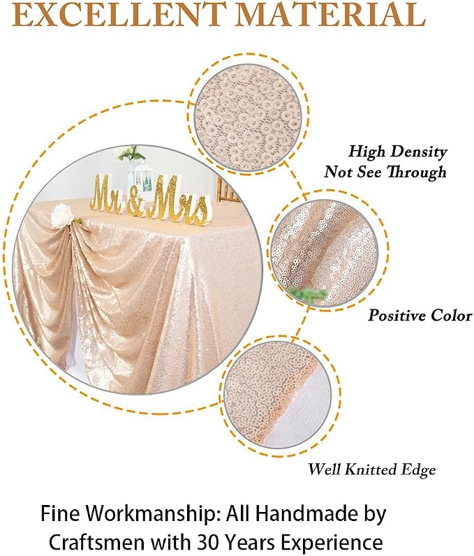 ShiDianYi Rectangle Tablecloth Champagne Sequin Tablecloth 90x132-Inch Sequined Table Cover Overlay for 6FT Table Champagne Blush Sequin Tablecloths Glitter Tablecloth for Party/Wedding/Baby Shower