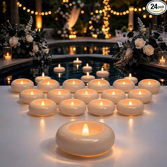 Aignis 24pcs Flameless Floating Candles Waterproof, 200Hr 2.2”LED Floating Tea Lights with Battery, Water-Activated Candles for Pool, Wedding Centerpieces, Bath & Spa, Home Decoration (Elegant White)