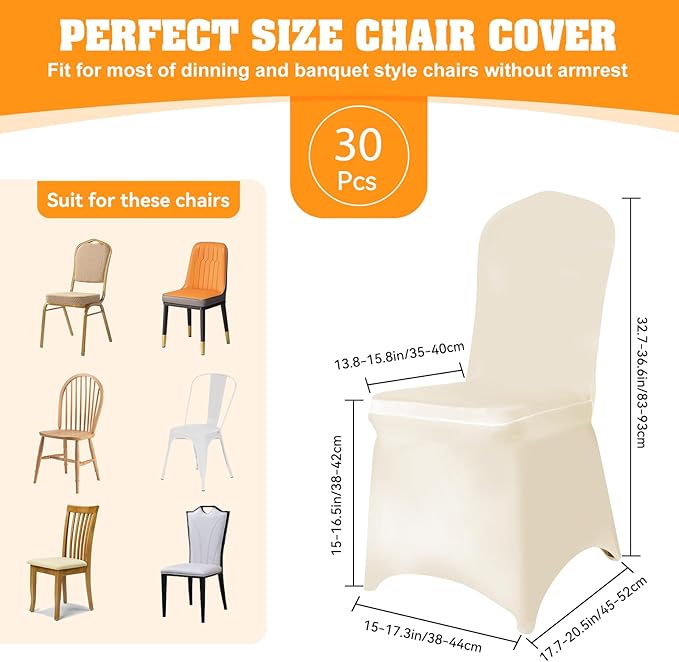 30 PCS Ivory Polyester Spandex Chair Covers - Stretch Slipcovers for Wedding, Party, Dining, Banquet - Flat-Front Chair Covers