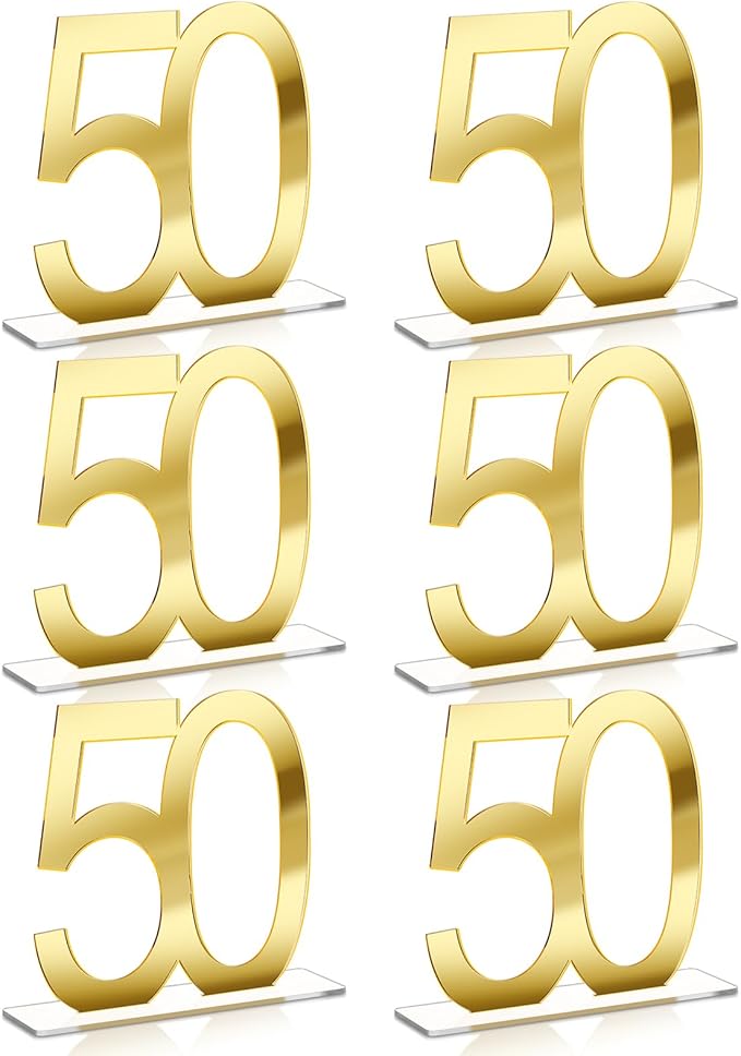 Threehoney 6 Pcs Mirror Gold 50th Birthday Decorations for Men and Women Acrylic Anniversary Decorations Table Numbers Centerpieces for Birthday Party