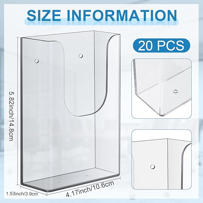 Blulu 20 Pack 4 x 6 Inches Acrylic Brochure Holder Wall Mount, Clear Flyer Holder Rack, Plastic Pamphlet Stand with Nails for Magazine, Booklet, Card, Bookmark Display, Home Office Church Supplies