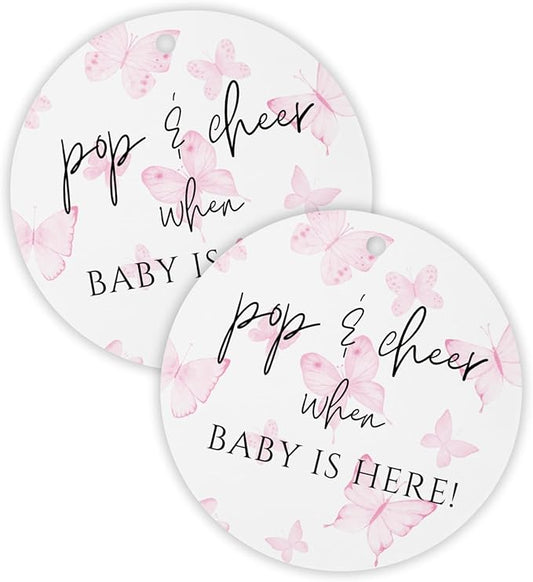 Pop and Cheer When Baby is Here Butterly Hang Tag | 30pk 2.5” Circle Butterflies Floral Cards Stickers Modern Minimalist Champagne Tags Baby Shower Party Favors Ribbon