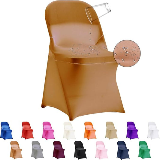 12 PCS Waterproof Stretch Spandex Folding Chair Covers, Dining Room Chair Slipcovers Protector for Wedding, Banquet, Party, Holidays, Celebration and Decoration（Gold）
