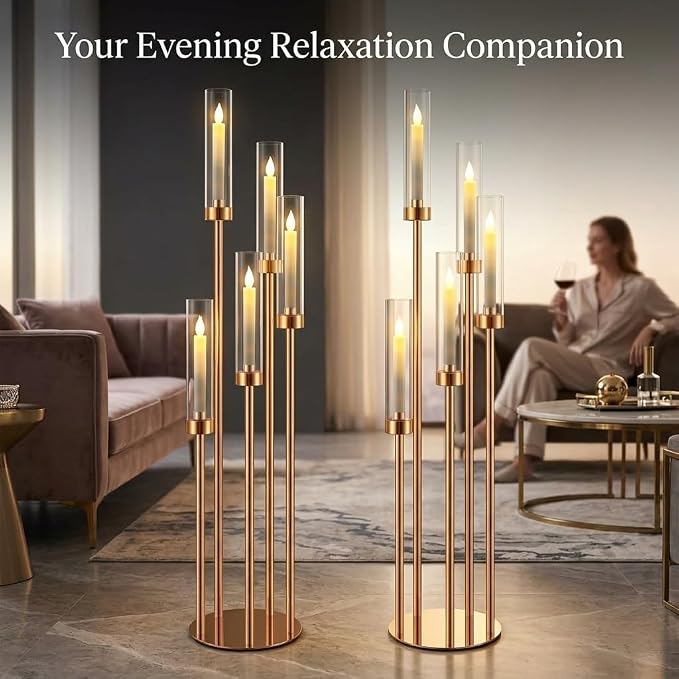 2pcs 42.5in Gold Floor Candelabra 5 Arm Gold Candelabra with Glass Shades Candle Holders,Elegant Metal Candlestick Stand for Perfect for Wedding Dining Room Living Room Event Decor