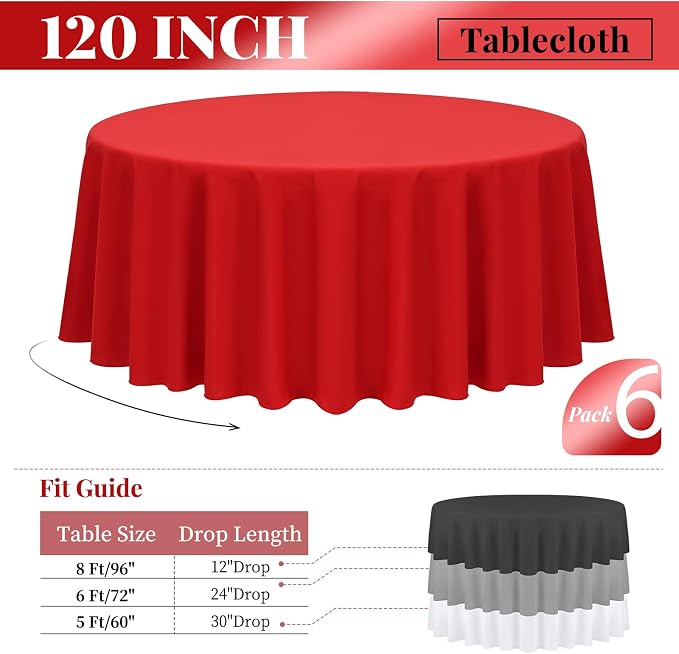 fani 6 Pack 120 Inch Round Tablecloth, Red Polyester Fabric Table Cloth for Round Table, Stain and Wrinkle Washable Table Cover for Wedding Party Dining Table Buffet Banquet Restaurant and Camping