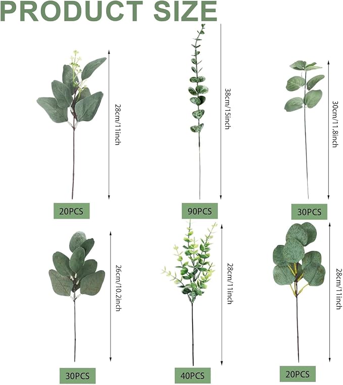 Eucalyptus Leaves Stems 200 PCS, 6 Kinds Mixed Greenery Bulk, Faux Silver Dollar Eucalyptus Stems, for DIY Bouquets Floral Arrangement Wedding