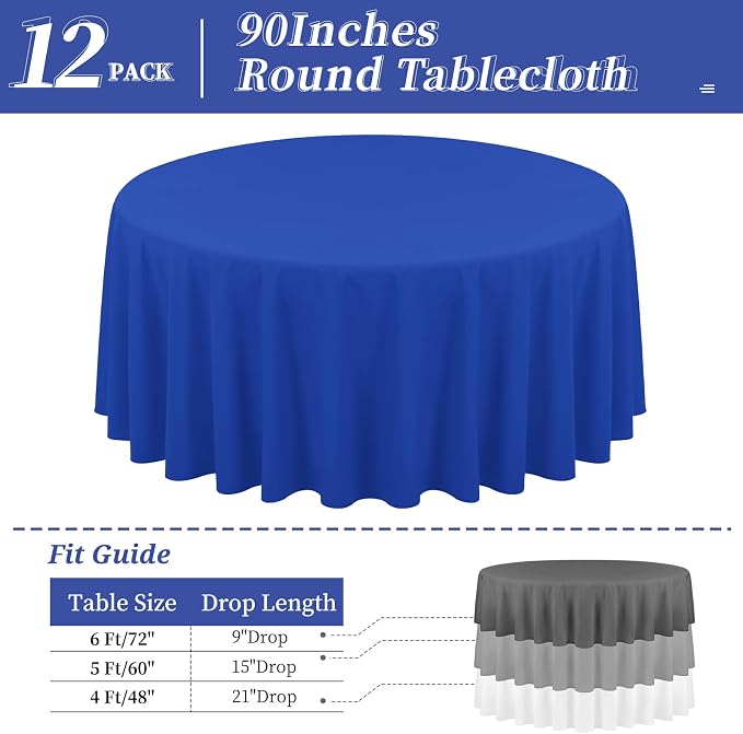 12 Pack 90 Inch Round Royal Blue Polyester Tablecloths - Wrinkle & Stain Resistant, Perfect for Weddings, Banquets, Parties