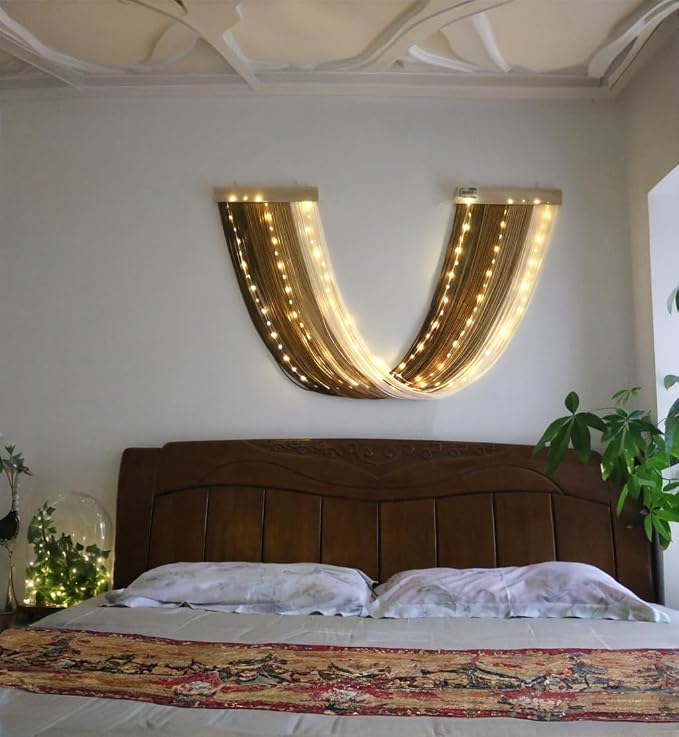 Macrame Fairy Lights Battery Operated with Remote & Timer, Brown Gradient | Handwoven Wall Hanging with 20ft 100 LEDs Warm White Timer String Lights for Bedroom,Living Room,Party,Wedding,Christmas Deco