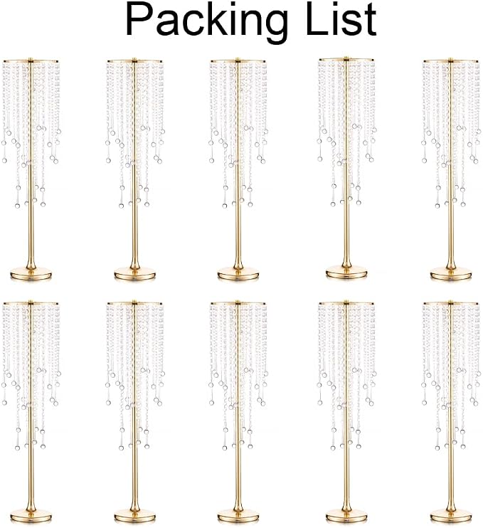 Metal Gold Vase, 29.6'' Tall, Chandelier Crystal, Elegant Design, Rust Resistant, Ideal for Wedding, Reception, Party, Events, Home Decor, 10 Pcs