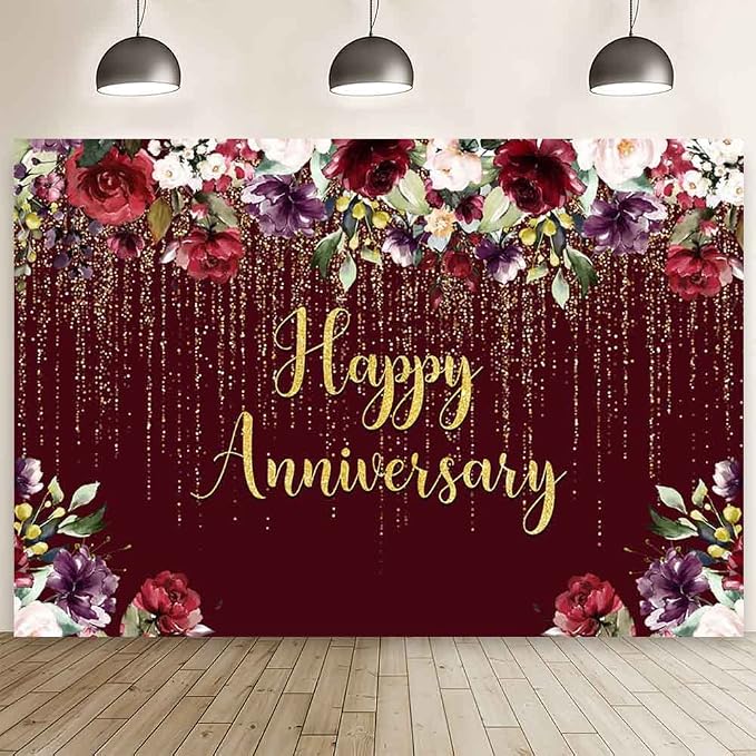 AIBIIN 8x6ft Happy Anniversary Backdrop Gold Glitter Burgundy Wedding Anniversary Photography Background Couple Wedding Women Birthday Floral Party Decorations Cake Smash Decor Studio Photo Backdrop