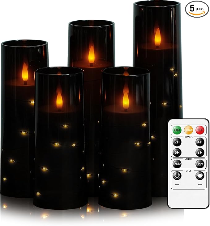 kakoya Flameless LED Candles with Timer 5 Pc Flickering Flameless Candles for Romantic Ambiance and Home Decoration Stable Acrylic Shell,with Embedded Star String,Battery Operated Candles（Black）