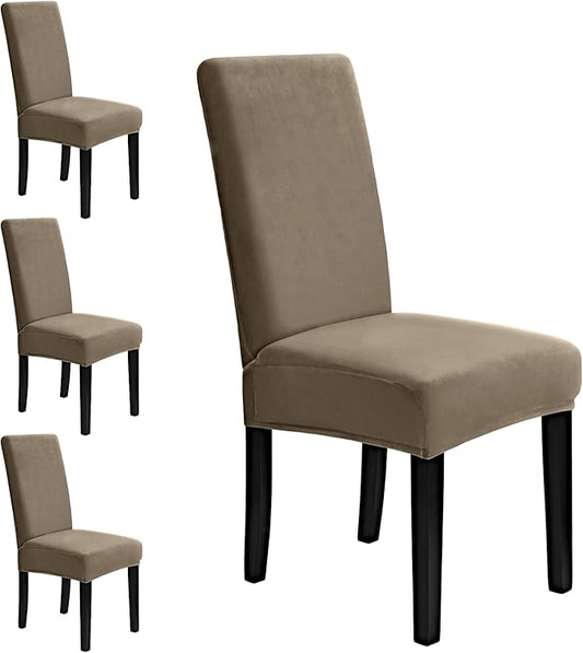 MOSAYT Velvet Stretch Chair Covers for Dining Room Set of 4 - Soft Slipcovers with Thick Removable Fabric for Parsons Chairs, Washable Seat Protectors for Kitchen, Banquet & Home Decor, Taupe
