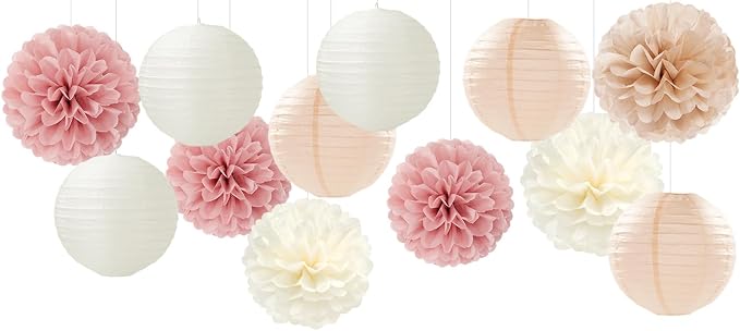 Rose Gold Pink Beige Champagne Party-Decorations Paper Lanterns Panduola | 15pc Tea Party Backdrop Boho Birthday Bachelorette Bridal Baby Shower Engagement Wedding Decor Tissue Pom Poms Streamers