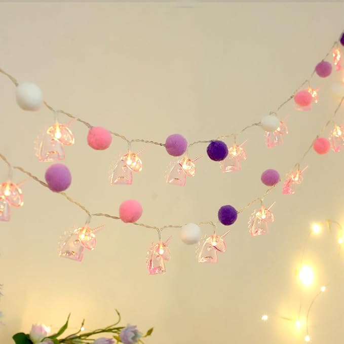 9.85FT Unicorn Decor String Lights with 20 Cute PomPoms 20 Pink Unicorn LED Lights Battery Operated with Timer Decor for Kids Bedroom Birthday Party Kids Playhouse Christmas Home Room Decorations