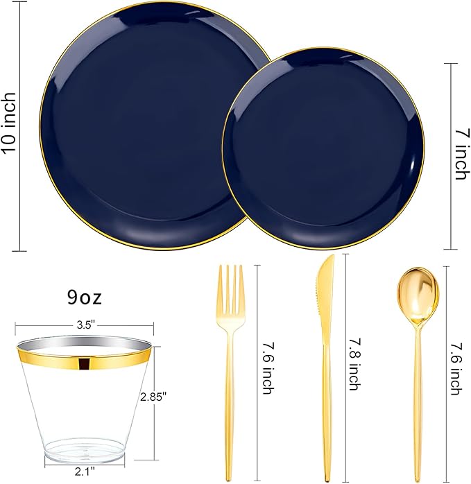 bUCLA 150PCS Blue and Gold Plastic Plates - 25 Guests Navy Blue Plastic Dinnerware Disposable for Party and Graduation - Include 25 Dinner/Dessert Plates, 25 Knives, 25 Forks, 25 Spoons, 25 Cups