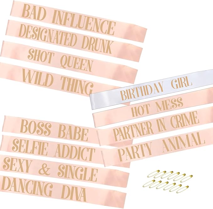 12Pcs Party Sashes Set, White Girl Sash + 11pcs Rose Gold Satin Sashes for Women's Birthday Party Gifts & Decorations