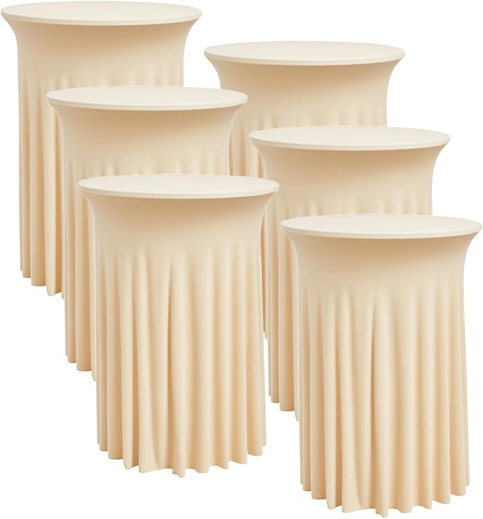 6 pk Champagne Cocktail Table Cloth Round 32×43in-High Top Highboy Bar Cocktail Tablecloths-Wrinkle Free Stretchy Fitted Spandex Table Covers with Ruffle Desk Skirt for Wedding Banquet Party Tables