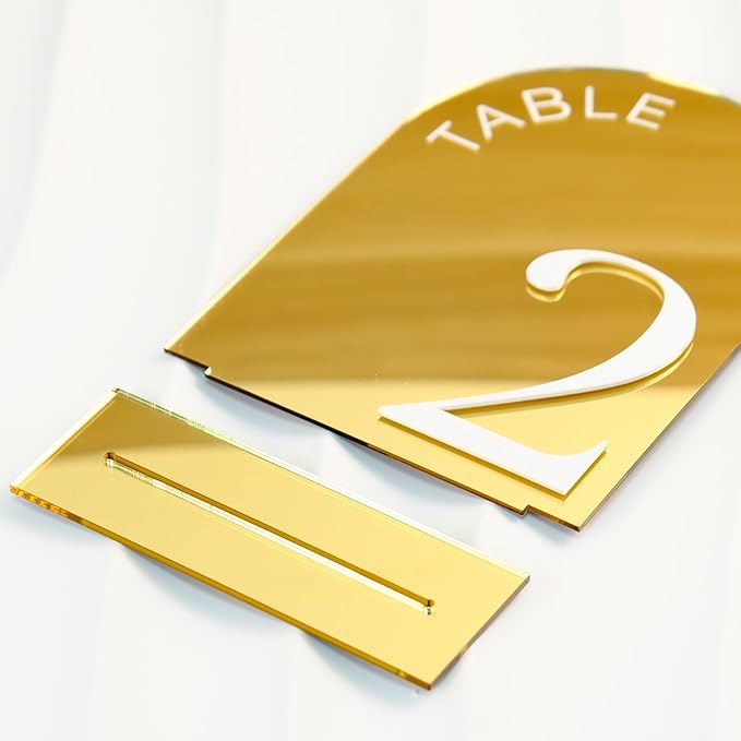Gold Mirror Arch Table Numbers 1-20 with Stand, 20 Pack 5x7 Inch Gold Acrylic Signs with White Numbers, 3D Arched Acrylic Table Numbers 1-20 for Wedding Reception