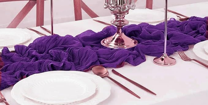MDS Pack of 25 Cheesecloth Table Runner 35x120 Inch, 10FT Long Gauze Cheese Cloth Table Runner for Wedding Party Birthday Bridal Shower Farmhouse Garden Boho Rustic Table Decoration - Purple