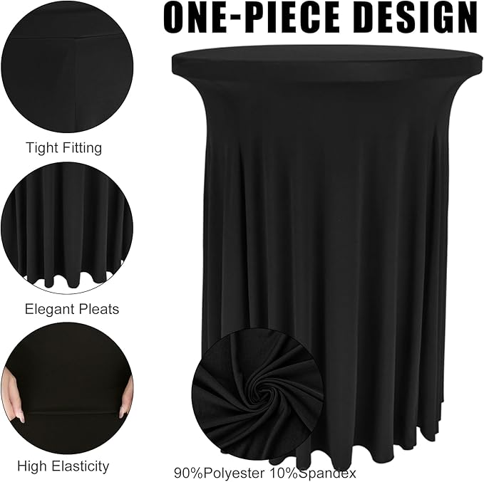 Spandex Cocktail Table Skirt 32"x 43" Black Stretch Cocktail Table Cover, Washable Round High Top Tablecloth for Bar, Wedding, Party, Events (Black)