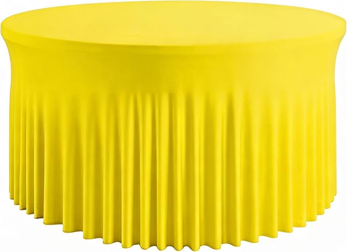 60 Inch Yellow Round Tablecloth - Stretch Spandex Fitted Table Cover with Elastic Skirt Edge, Wrinkle-Free & Reusable for 5FT Tables Wedding Banquet Party Birthday Buffet