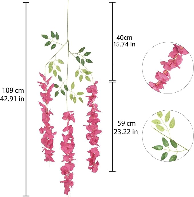 12PCS Artificial Wisteria Hanging Flowers 3.6ft Rose Red Fake Hanging Flowers Garland Silk Flowers Rattan String Faux Wisteria Vine for Garden Home Wedding Arch Decor (Rose Red)