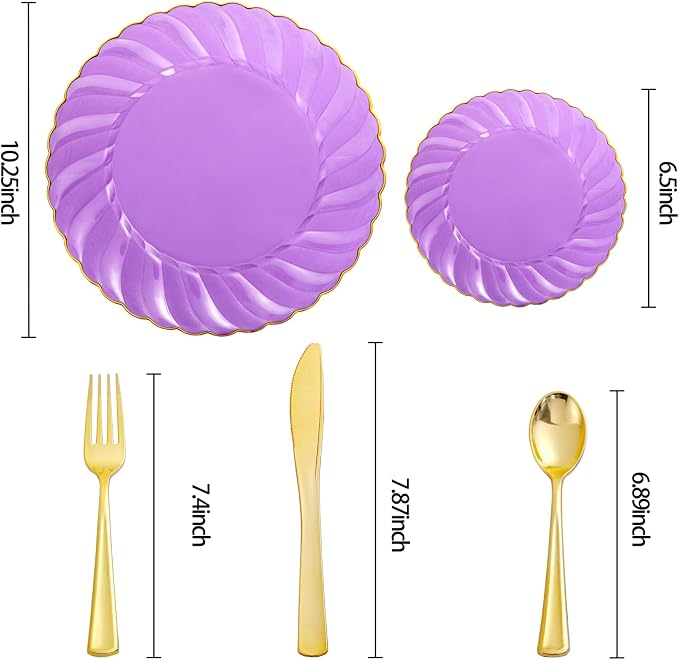 YOUBET 125PCS Purple Plastic Dinnerware Set - Gold and Clear Purple Disposable Plates Include 50 Plastic Plates 75 Silverwares for Wedding Birthday Parties & Party