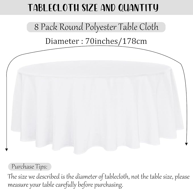 Fivenl 8 Pack Round Tablecloth 70 Inch White Round Table Covers Bulk Washable Polyester Fabric Table Clothes for Wedding Party Reception Banquet Buffet Restaurant (White, 70 Inch)