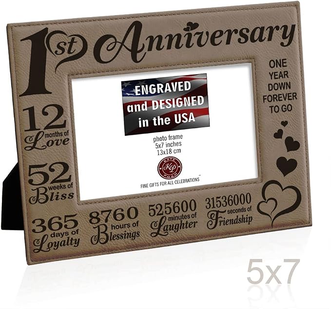 KATE POSH - Our First Anniversary Engraved Leather Picture Frame - Couple Gifts, Him & Her, Paper & First Wedding Anniversary Photo Gifts (5x7-Horizontal)