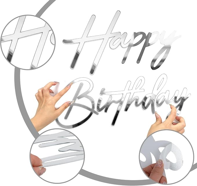 Happy Birthday Sign for Backdrop - Large Acrylic 'Happy Birthday' Mirror Sticker Sign for Birthday Balloon Arch Backdrop Party Wall Decor - Silver