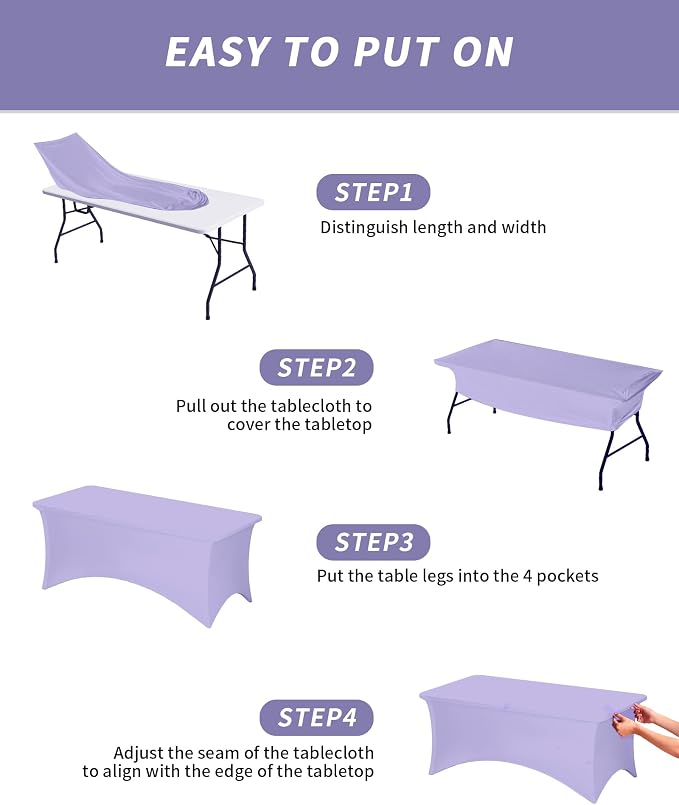 Fixwal Lavender Stretch Table Cloth Rectangle 2 Pack 6Ft, Spandex Fitted Table Covers Washable for Party, Trade Show, Banquet, Wedding, Buffet