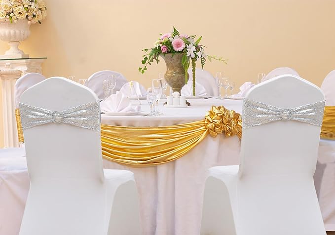50 Pack Sequin Silver Chair Sashes for Wedding Decor, Glitter Chair Sash Bands with Buckles, Sequins Chairs Bows for Party Anniversary Engagement Ceremony Event Christmas Decorations