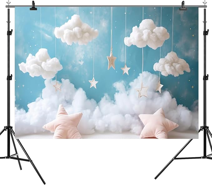 5x3ft Cloud Backdrop Sky Starry Star White Blue Photography Background Baby Shower Banner Baby Birthday Party Decoration Newborn Photoshoot Prop Cake Smash Photo Booth Prop