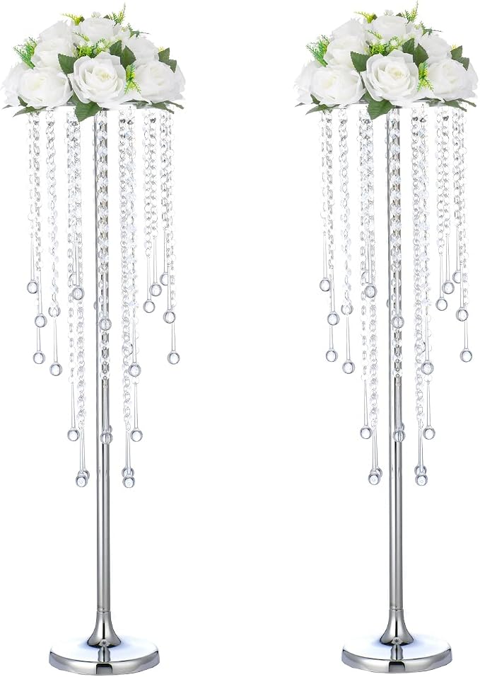 Bigsee 2 Pcs 29.5 inches Crystal Flower Stand Wedding Centerpieces for Tables, Tabletop Silver Metal Flower Arrangement Holder, Bulk Metal Vases for Reception Ceremony Decoration