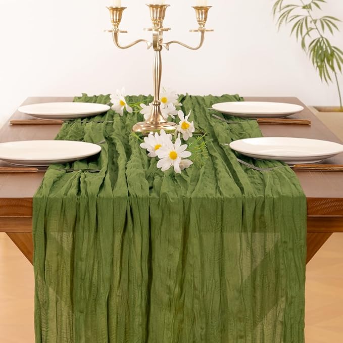 Socomi 3pcs Campsite Green Summer Cheesecloth Table Runner Boho Rustic Gauze 120 inch 10FT Cheese Cloth Sheer Runner for Wedding Party Baby Shower Birthday Home Decor Holiday Decorations