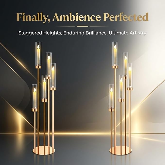 2pcs 42.5in Gold Floor Candelabra 5 Arm Gold Candelabra with Glass Shades Candle Holders,Elegant Metal Candlestick Stand for Perfect for Wedding Dining Room Living Room Event Decor