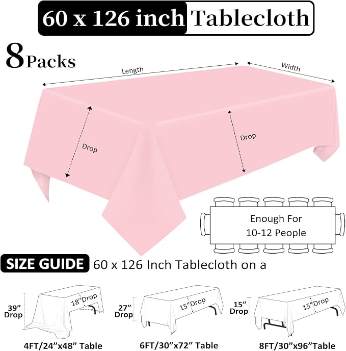 8 Pack Pink Tablecloth 60 x 126 Inch Rectangular for 8 Foot Rectangle Tables, Wrinkle Resistant Pink Table Cloth Washable Polyester Fabric for Holiday Buffet Wedding Party Banquet