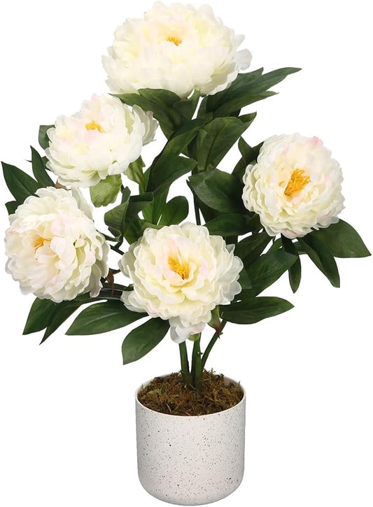 Garvee White Fake Peonies Artificial Flowers in Pot, 22" Small Peonies Tree with Lifelike Flowers & Leaves, Faux Flower Tree for Home, Office Decor