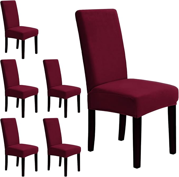 MOSAYT Velvet Stretch Chair Covers for Dining Room Set of 6 - Soft Slipcovers with Thick Removable Fabric for Parsons Chairs, Washable Seat Protectors for Kitchen, Banquet & Home Decor, Wine Red