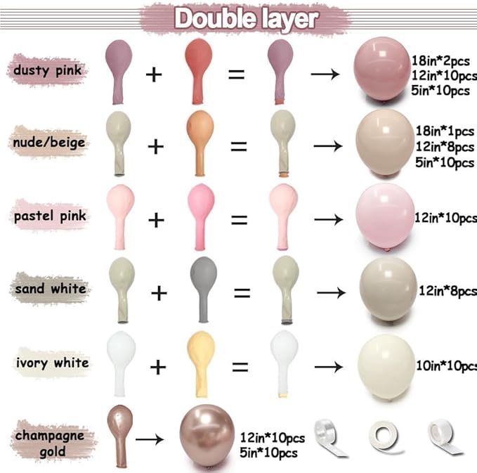Dusty Pink Rose Balloon Garland Double Stuffed Mauve Light Pink Latex Blush Nude Beige Champagne Gold Balloon Arch Kit for Mothers Day Birthday Baby Shower Neutral Boho Wedding Party Decor