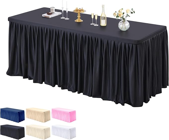 PARTISKY 1 Pack Black Tablecloths for Rectangle Tables 4ft, Wrinkle Resistant Black Table Cover Fitted Stretch Table Cloth with Pleated Ruffle Skirts for Party Banquet Dining Birthday Wedding