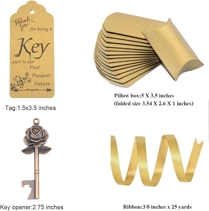 Makhry 50 Set Skeleton Rose Key Bottle Openers with Candy Box In Antique Vintage Style Escort Tags French Ribbon As A Gift Souvenir At Wedding Party Supplies (Copper)