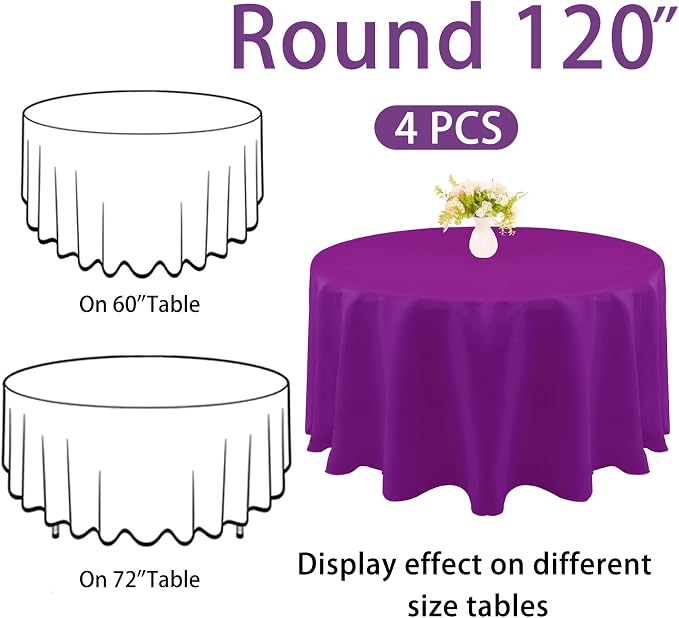 4 Pack Round Tablecloth 120 Inch Polyester Washable Fabric Table Covers for Wedding Dining Table Buffet Parties Banquet Decoration（Purple）