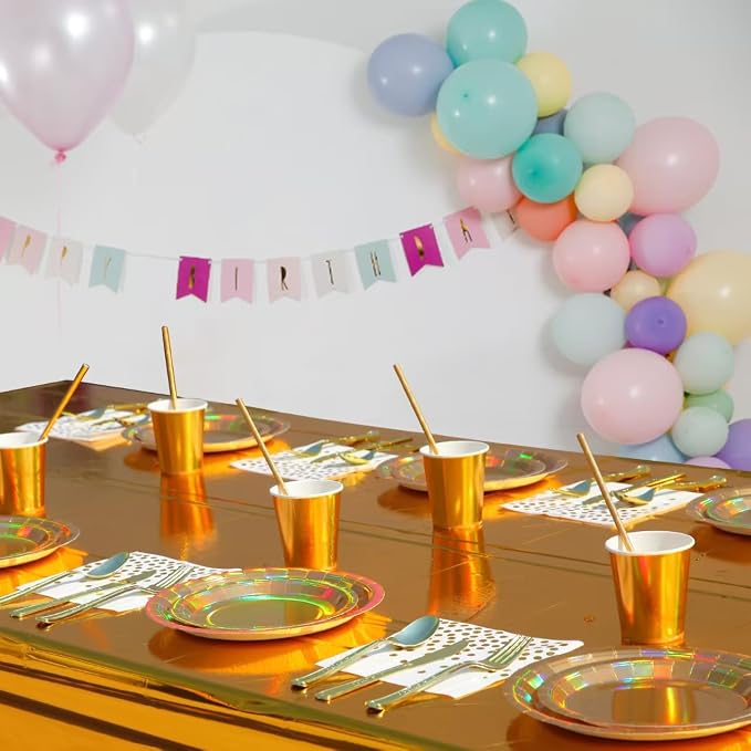 201-piece disposable party tableware set with paper plates, cups, napkins, straws, tablecloths, plastic knives, forks and spoons for a variety of party occasions for up to 25 people (Golden Rainbow)